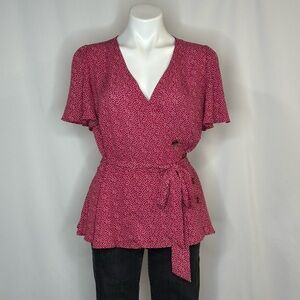 Loft Red & White Micro Heart Wrap Blouse, Medium